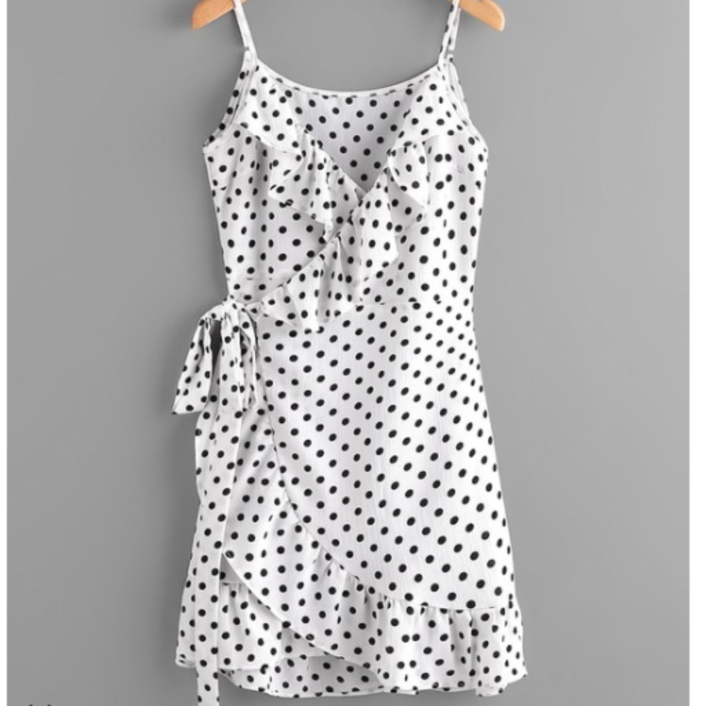 Polka-dot ruffle tie mini dress